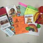 A collection of colorful children's books, informational handouts, plastic dishes, cups, spoons, and toy fruits arranged on a patterned cloth. The items focus on healthy eating and mealtime for young children.