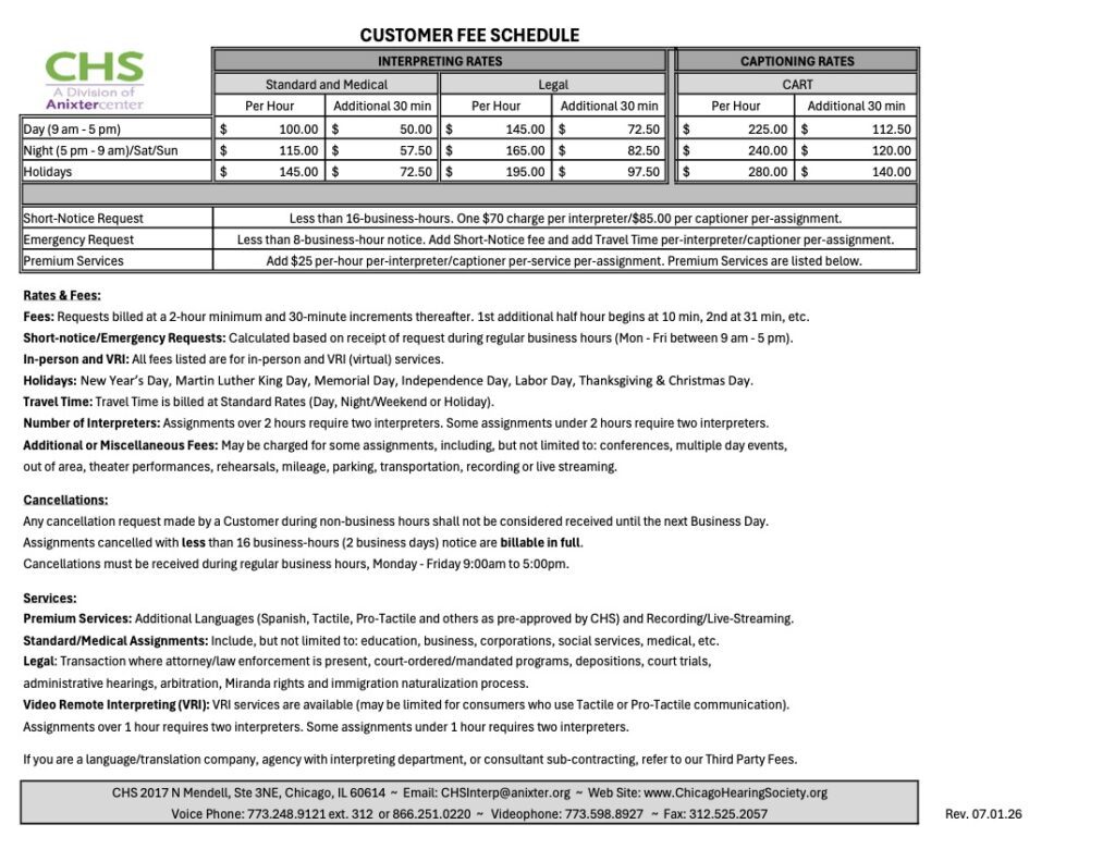 Rates – Customer Fees FY27 – Chicago Hearing Society